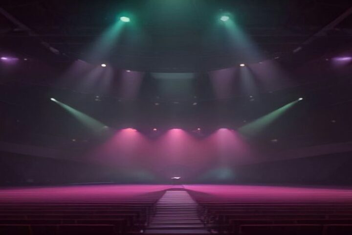 Interior de una arena techada vacía con un escenario al fondo iluminado por haces de luz rosa y verde entre humo, con filas de butacas vacías en primer plano