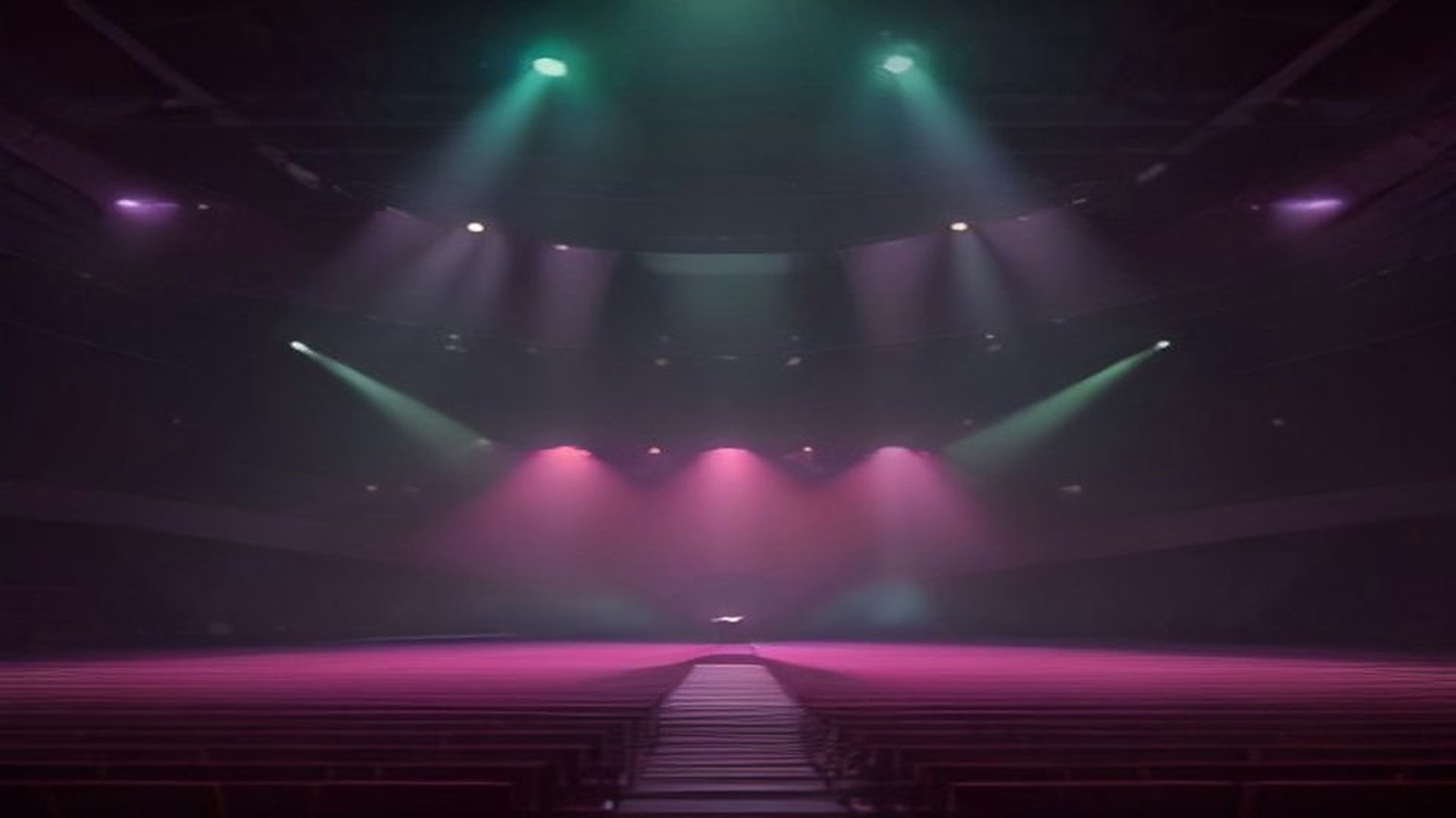 Interior de una arena techada vacía con un escenario al fondo iluminado por haces de luz rosa y verde entre humo, con filas de butacas vacías en primer plano