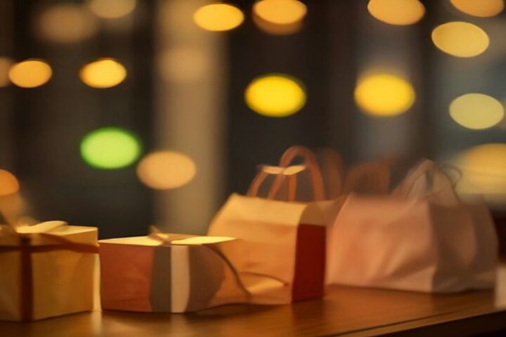 Bolsas de papel y cajas de regalo sobre una mesa de madera con luces cálidas desenfocadas de un escaparate al fondo