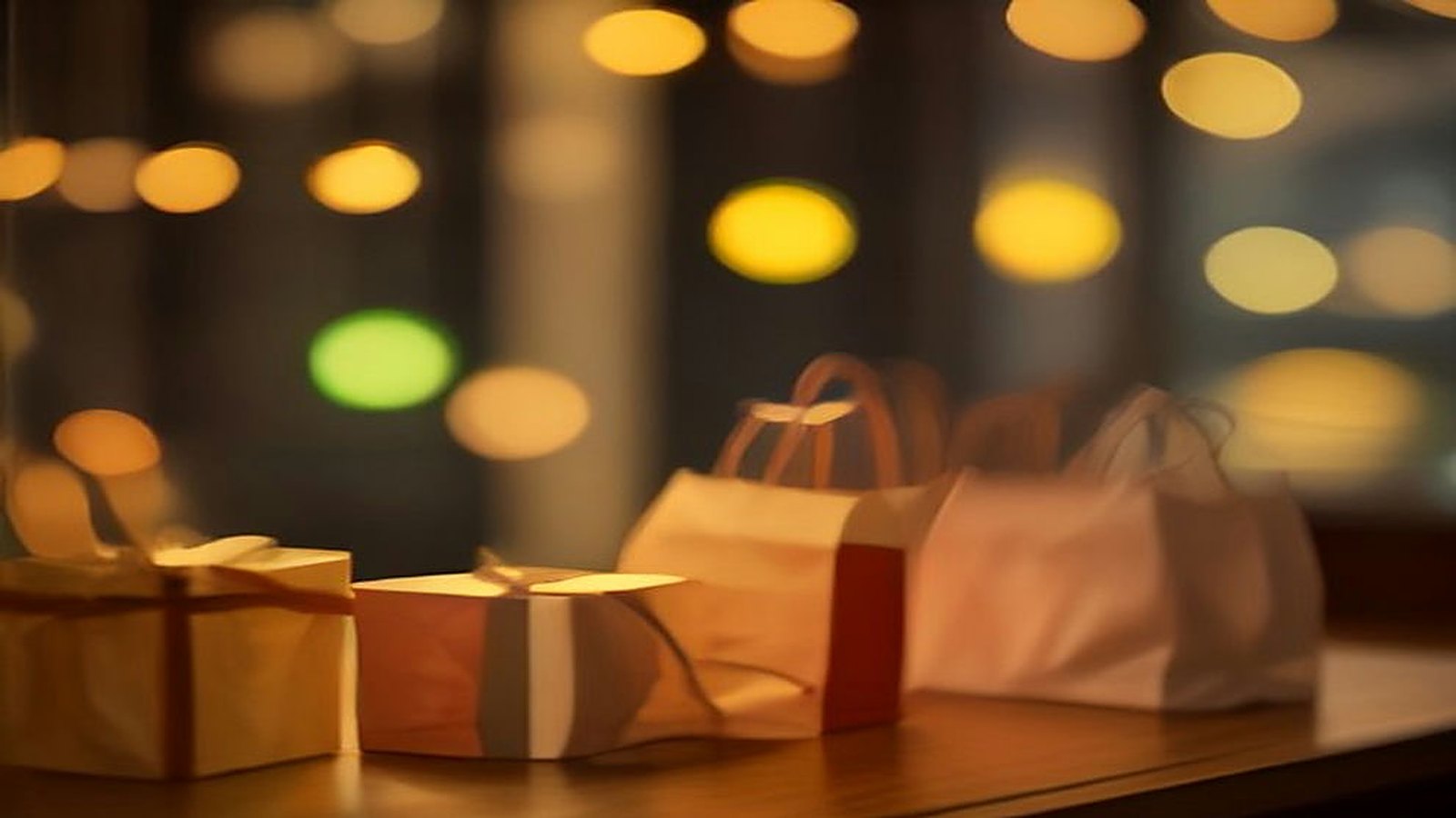 Bolsas de papel y cajas de regalo sobre una mesa de madera con luces cálidas desenfocadas de un escaparate al fondo