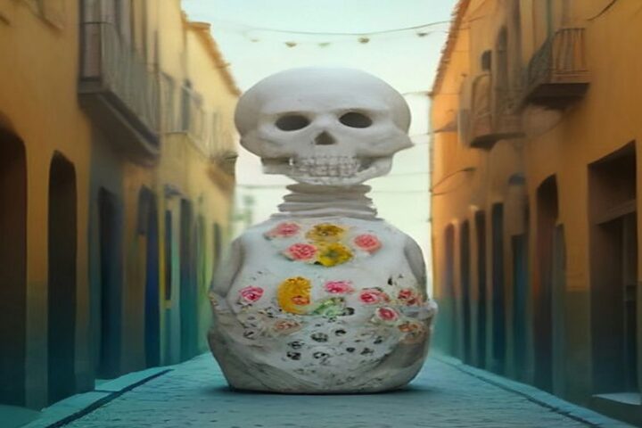 Calavera monumental de cartonería blanca adornada con flores de colores en medio de una calle empedrada entre casas de fachadas amarillas