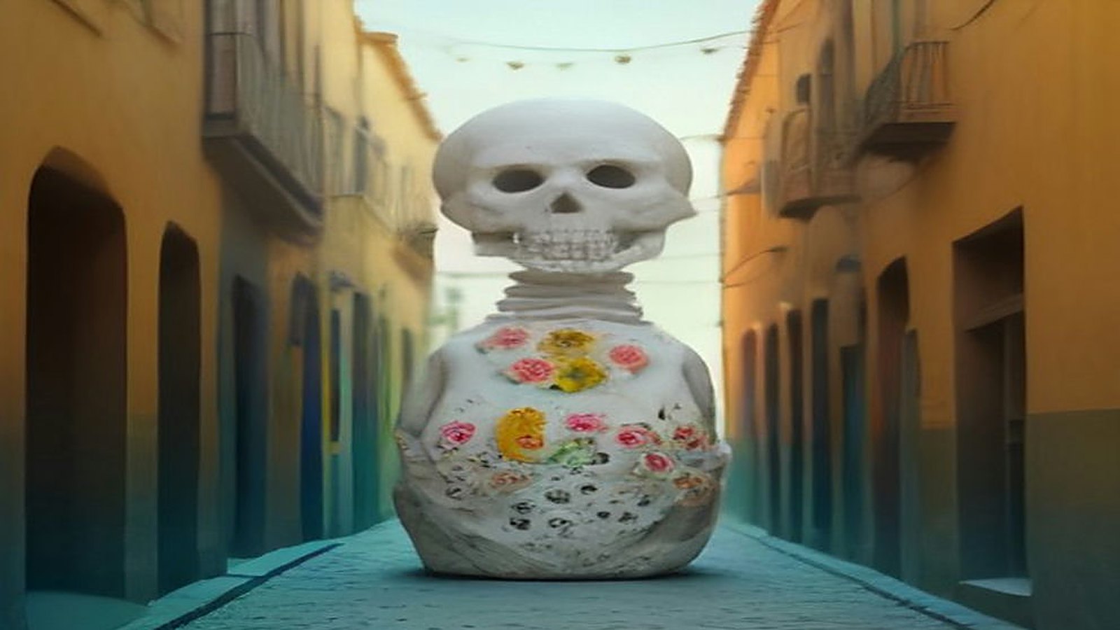 Calavera monumental de cartonería blanca adornada con flores de colores en medio de una calle empedrada entre casas de fachadas amarillas