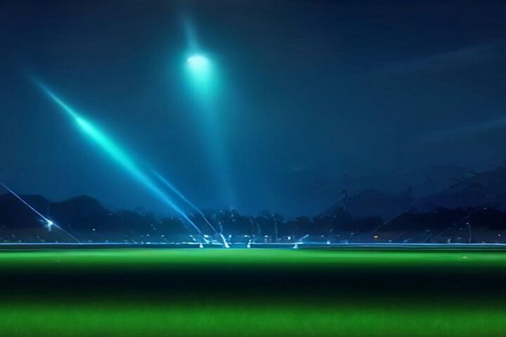 Estadio al aire libre de noche con haces de luz láser azul y verde sobre el césped vacío y montañas oscuras al fondo