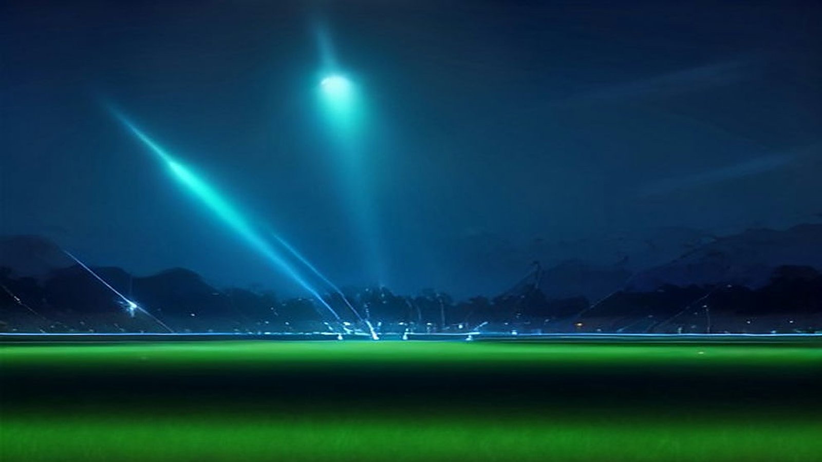 Estadio al aire libre de noche con haces de luz láser azul y verde sobre el césped vacío y montañas oscuras al fondo