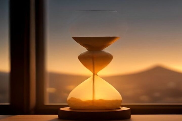 Reloj de arena con arena dorada sobre el marco de una ventana al amanecer, con techos de la ciudad y la silueta de un volcán desenfocados al fondo