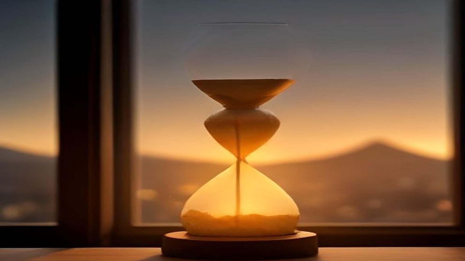 Reloj de arena con arena dorada sobre el marco de una ventana al amanecer, con techos de la ciudad y la silueta de un volcán desenfocados al fondo