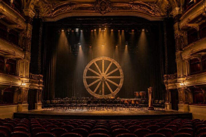 Escenario de un teatro histórico con butacas rojas, palcos dorados, sillas de orquesta, timbales y una gran rueda de madera iluminada al centro