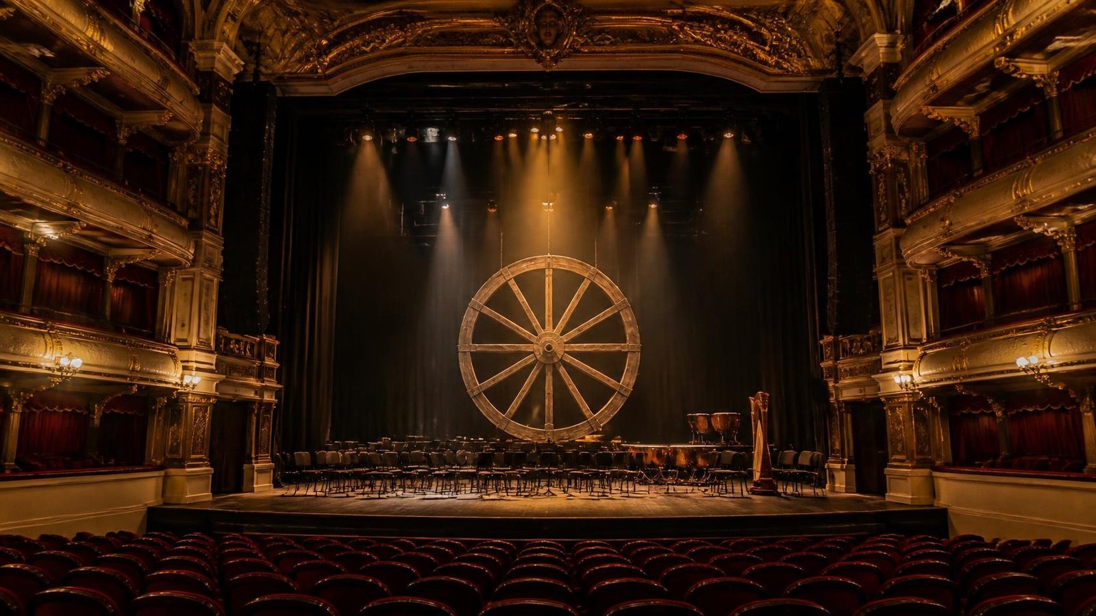 Escenario de un teatro histórico con butacas rojas, palcos dorados, sillas de orquesta, timbales y una gran rueda de madera iluminada al centro