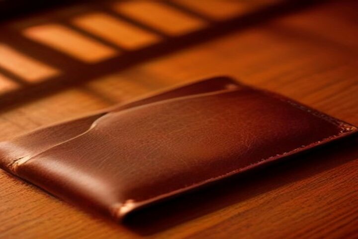 Cartera de piel café sobre una mesa de madera con sombras de luz de ventana