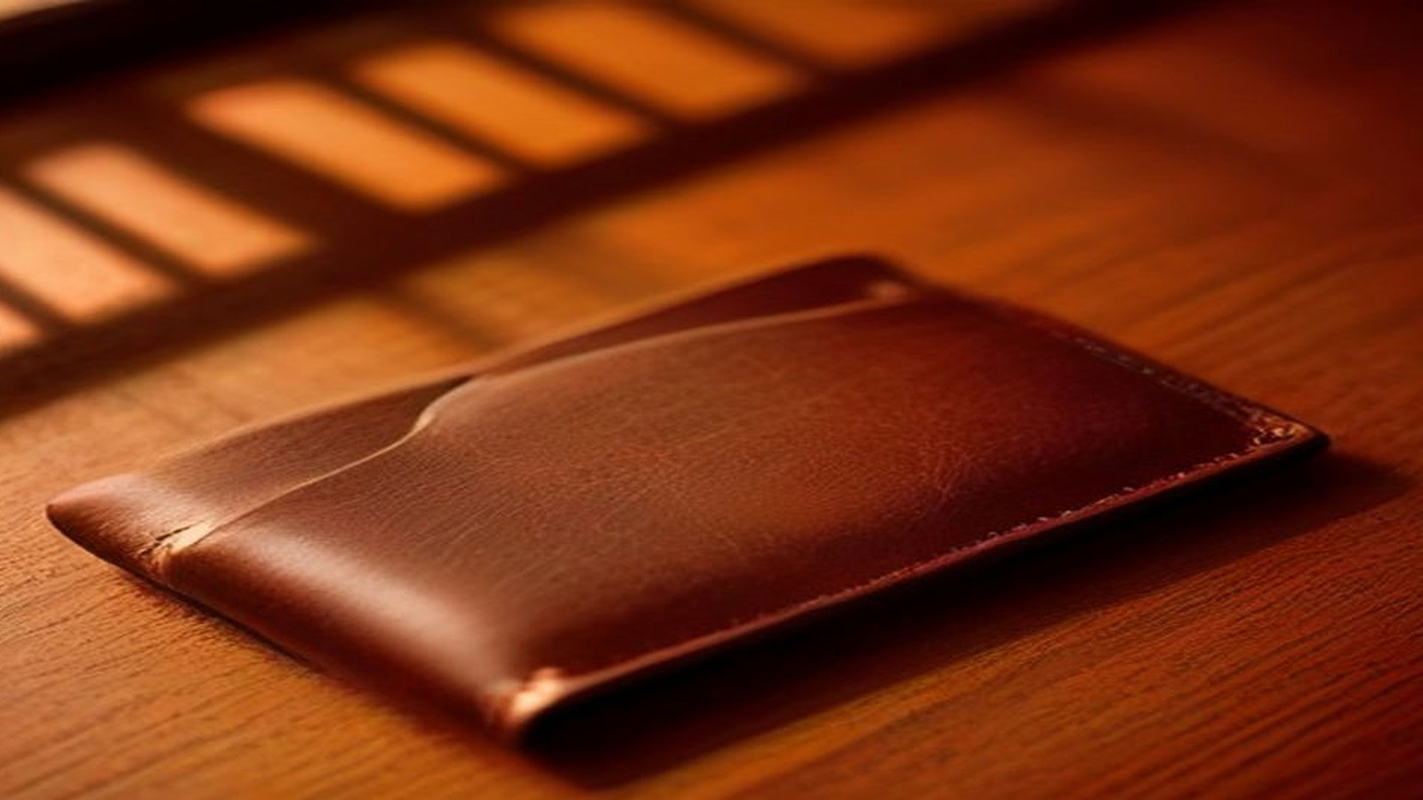 Cartera de piel café sobre una mesa de madera con sombras de luz de ventana
