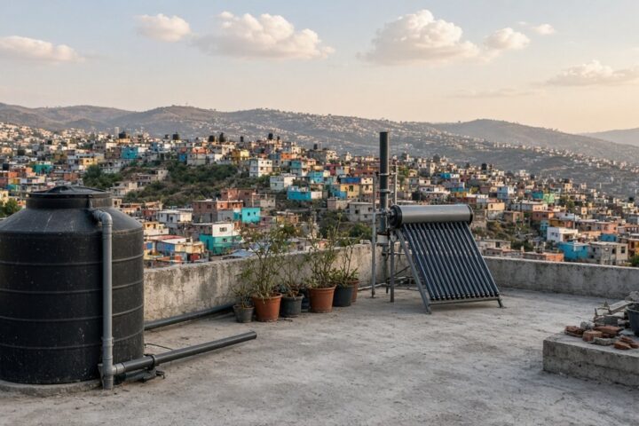 Azotea de una casa en una colonia de ladera en la periferia de la Ciudad de México con un tinaco negro de captación de lluvia, tuberías, macetas y un calentador solar de tubos al atardecer