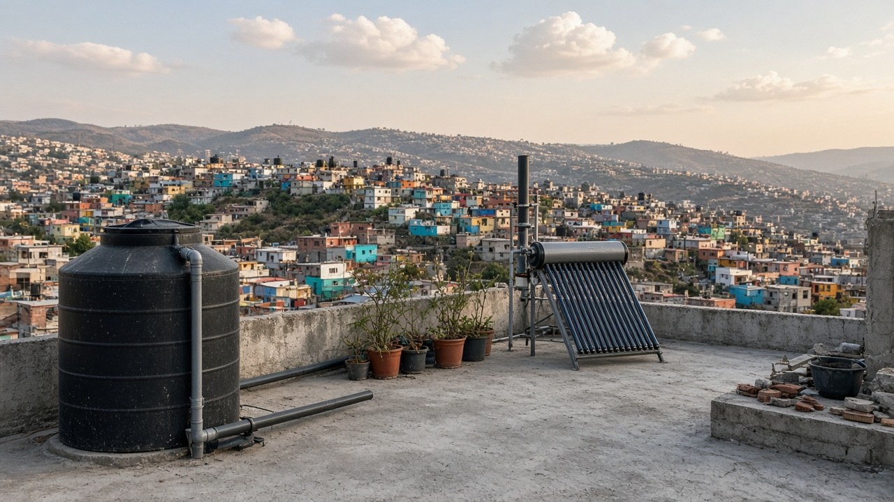 Azotea de una casa en una colonia de ladera en la periferia de la Ciudad de México con un tinaco negro de captación de lluvia, tuberías, macetas y un calentador solar de tubos al atardecer