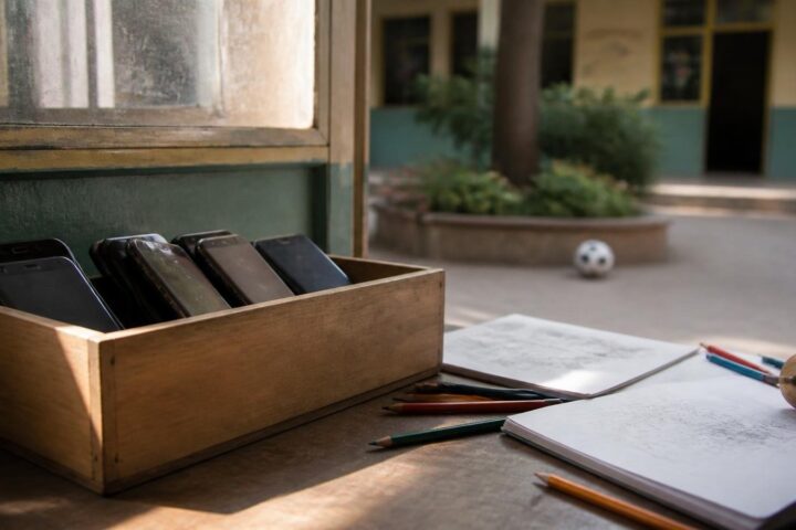 Caja de madera con varios teléfonos celulares apagados sobre un escritorio escolar junto a cuadernos, lápices de colores y un trompo, con el patio al fondo