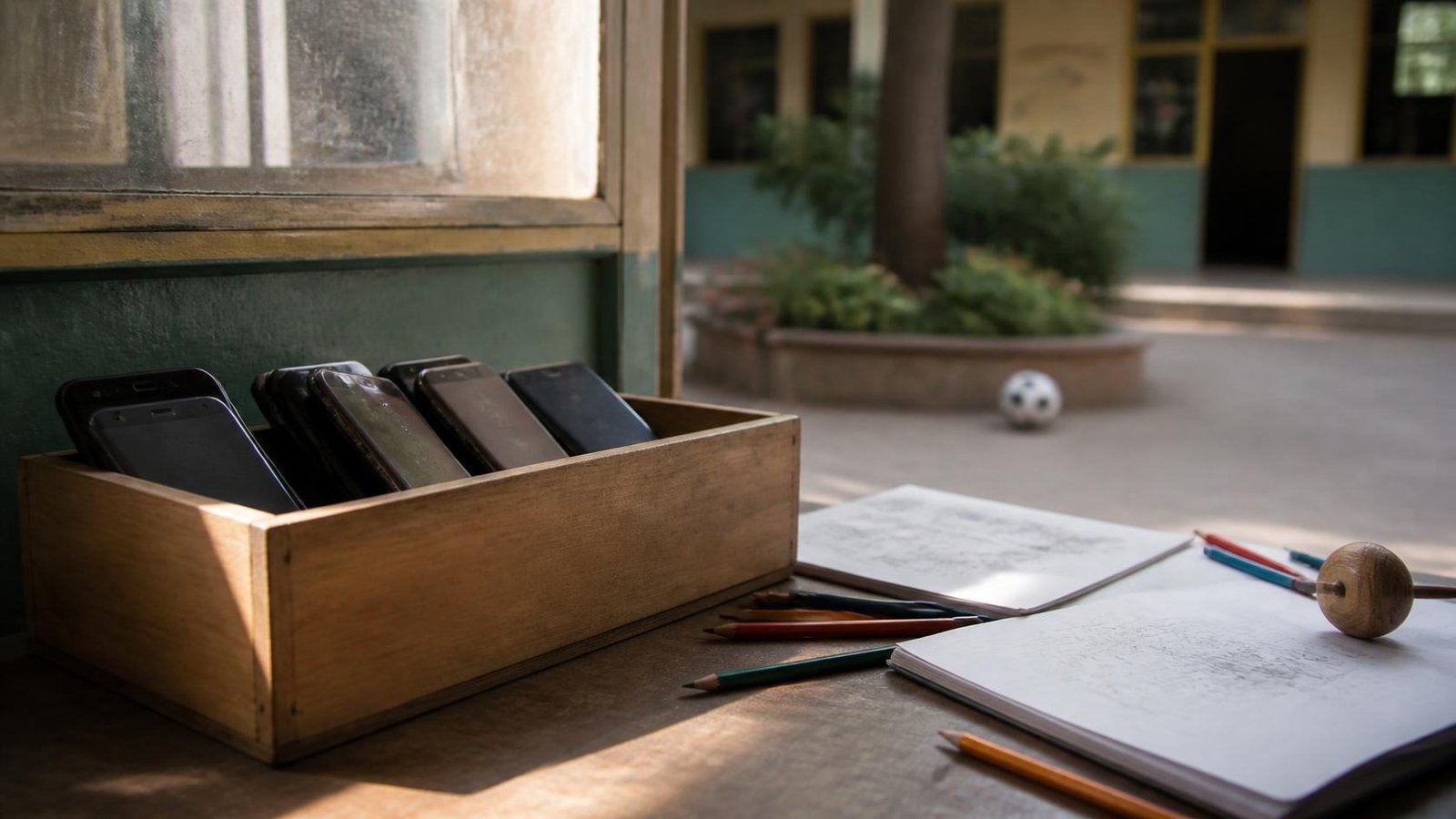 Caja de madera con varios teléfonos celulares apagados sobre un escritorio escolar junto a cuadernos, lápices de colores y un trompo, con el patio al fondo