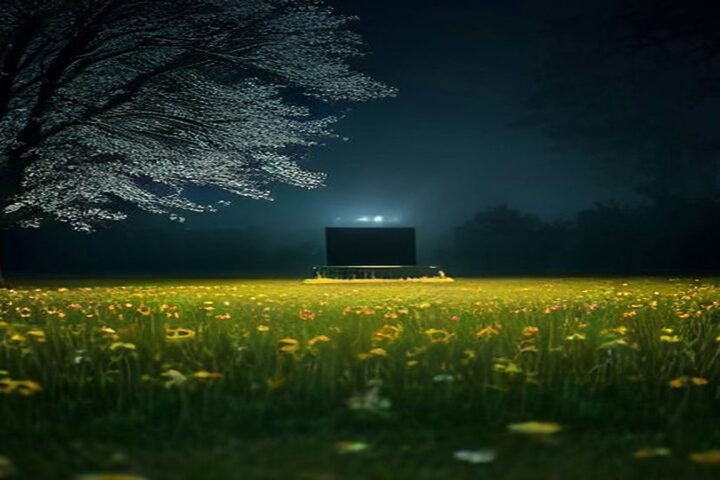 Pantalla de cine al aire libre en un parque de noche, con neblina azul, un árbol iluminado y un prado lleno de flores amarillas en primer plano