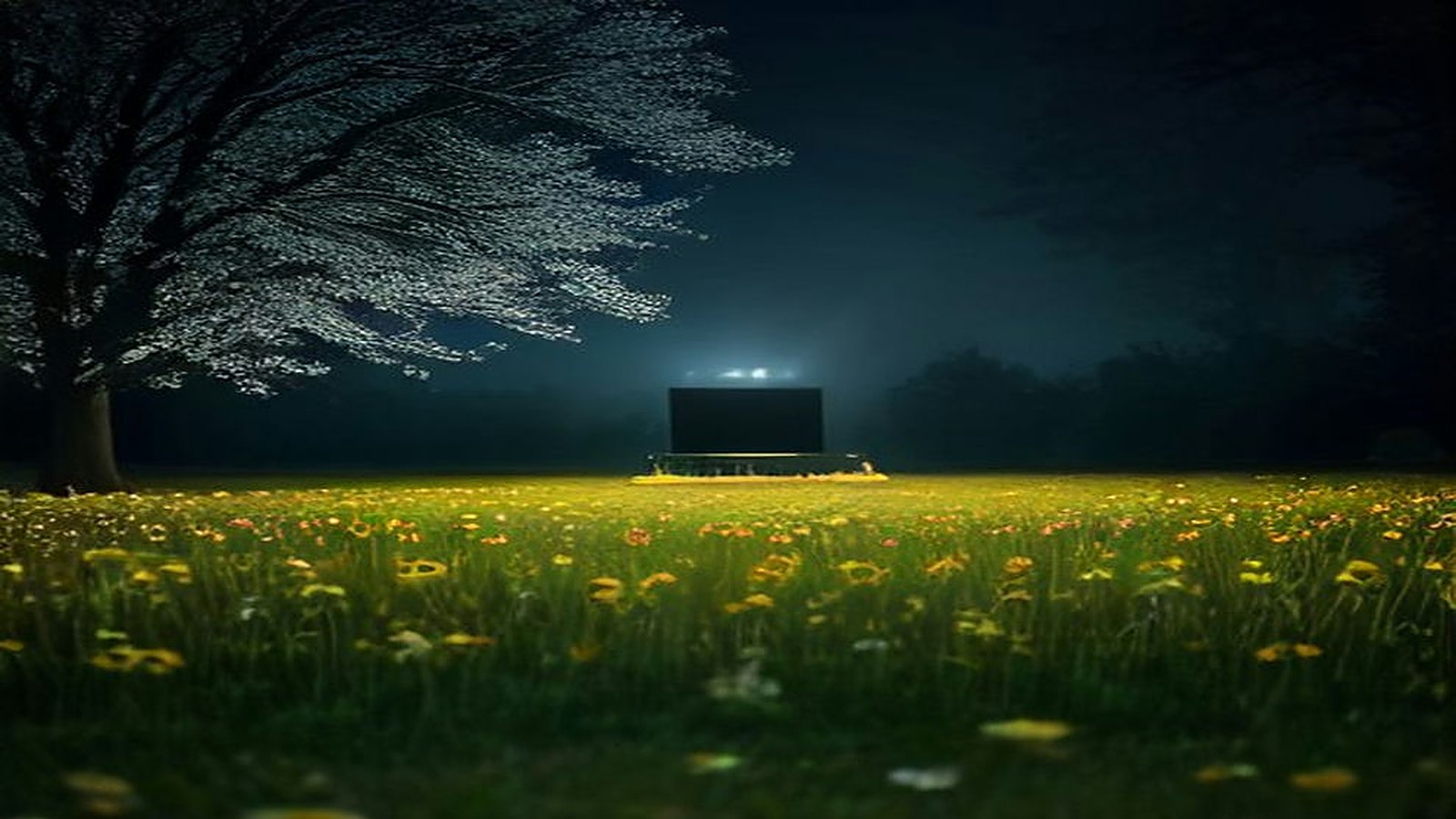 Pantalla de cine al aire libre en un parque de noche, con neblina azul, un árbol iluminado y un prado lleno de flores amarillas en primer plano