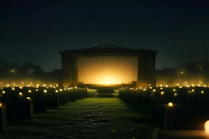 Pantalla de cine iluminada entre tumbas de un panteón de noche, con veladoras y niebla suave sobre el pasto