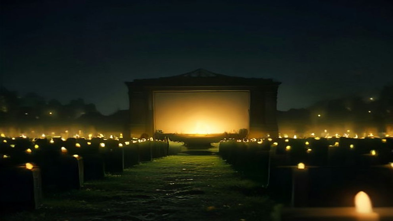 Pantalla de cine iluminada entre tumbas de un panteón de noche, con veladoras y niebla suave sobre el pasto