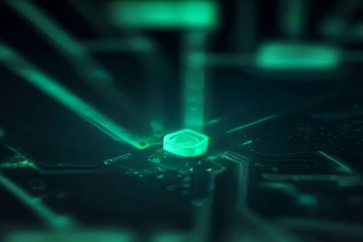 Primer plano de una placa de circuito electrónico con pistas iluminadas en verde
