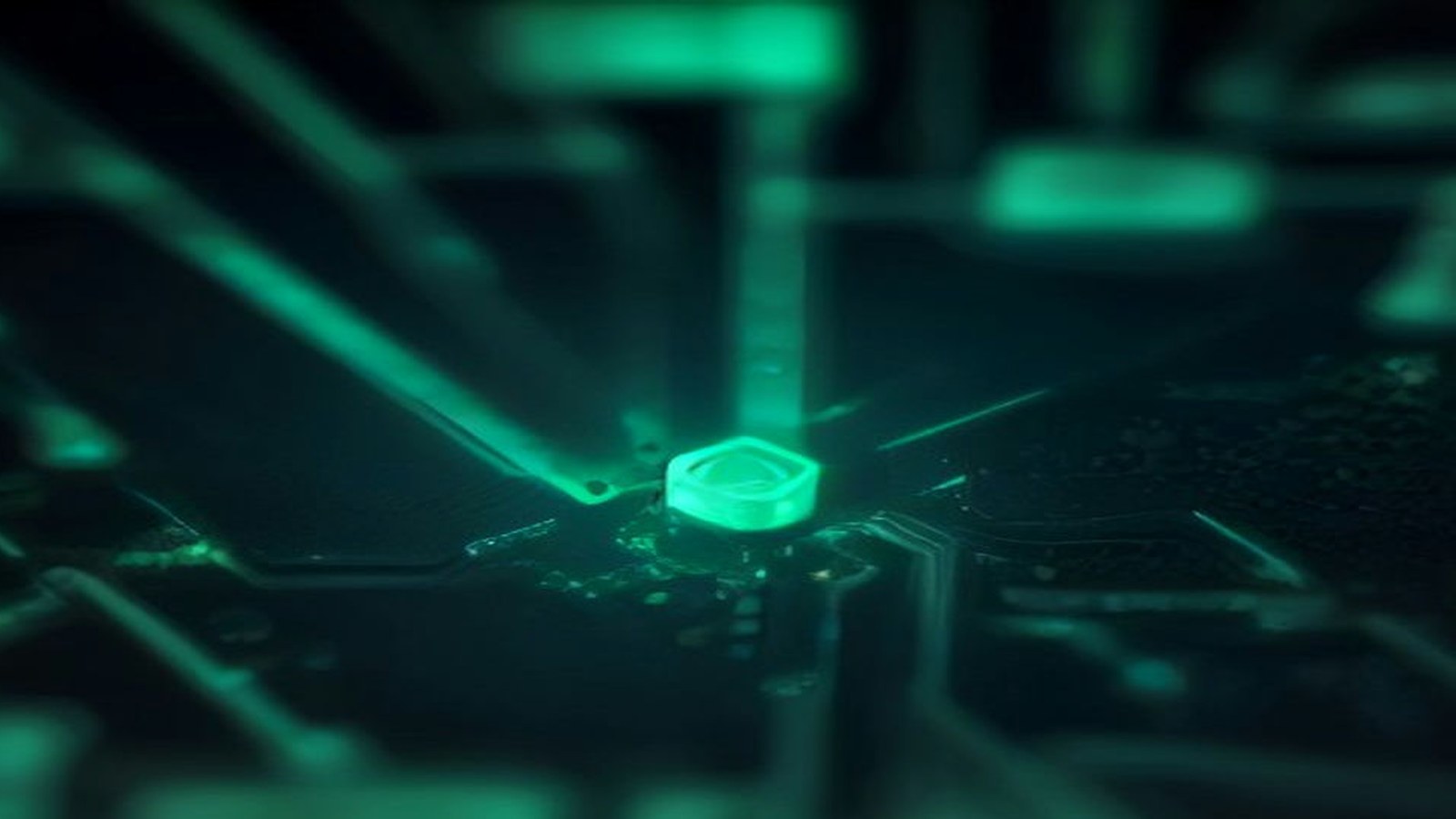 Primer plano de una placa de circuito electrónico con pistas iluminadas en verde