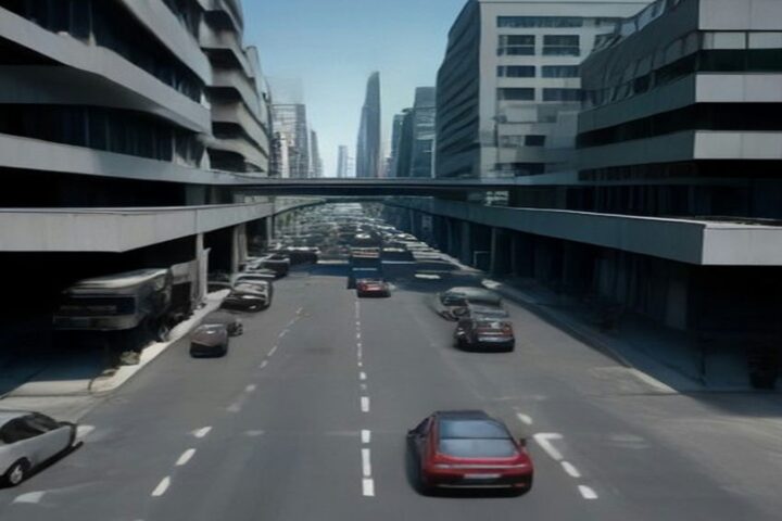 Avenida urbana de varios carriles con autos circulando entre edificios de concreto en una ciudad, a mediodía