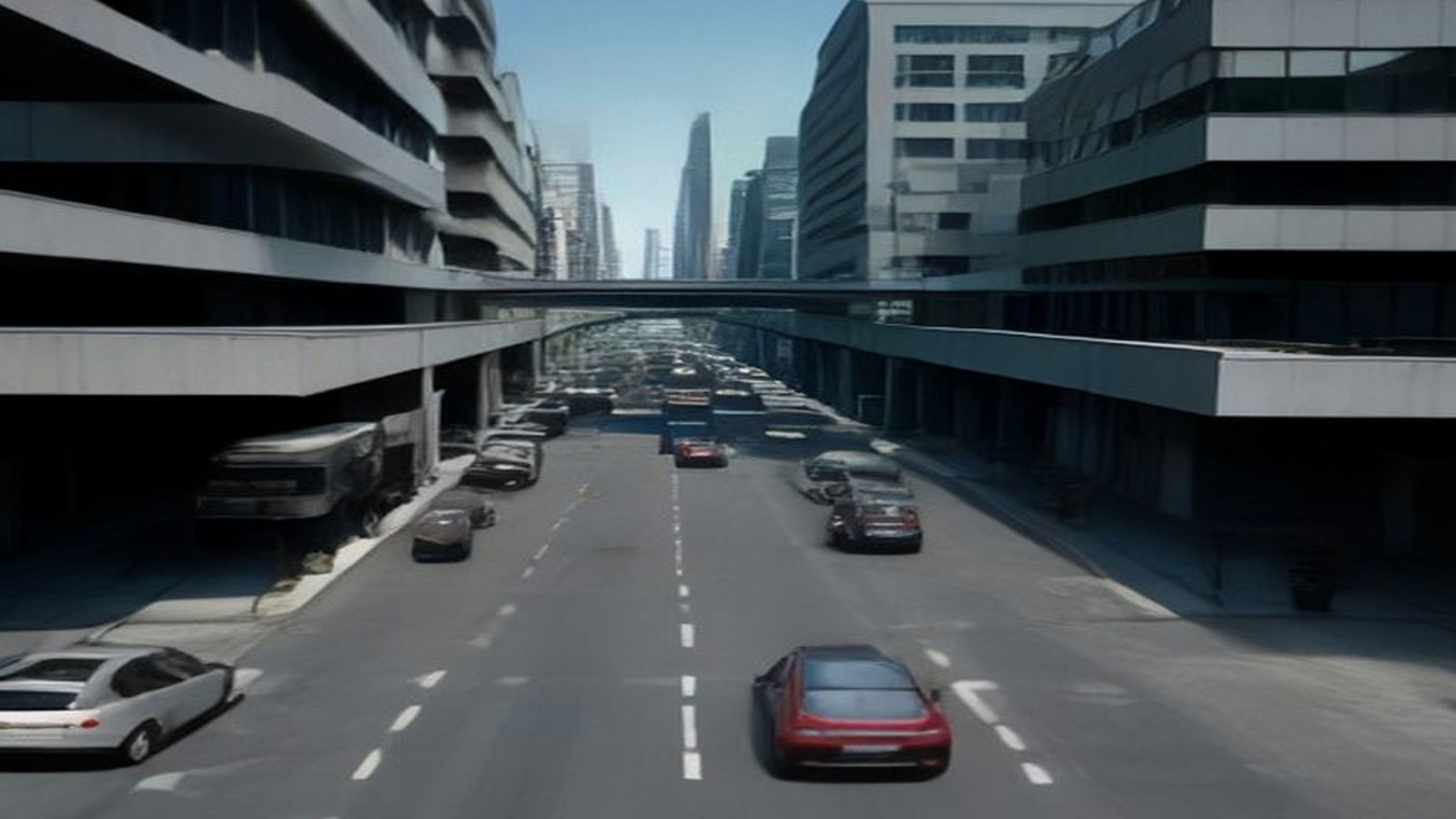 Avenida urbana de varios carriles con autos circulando entre edificios de concreto en una ciudad, a mediodía