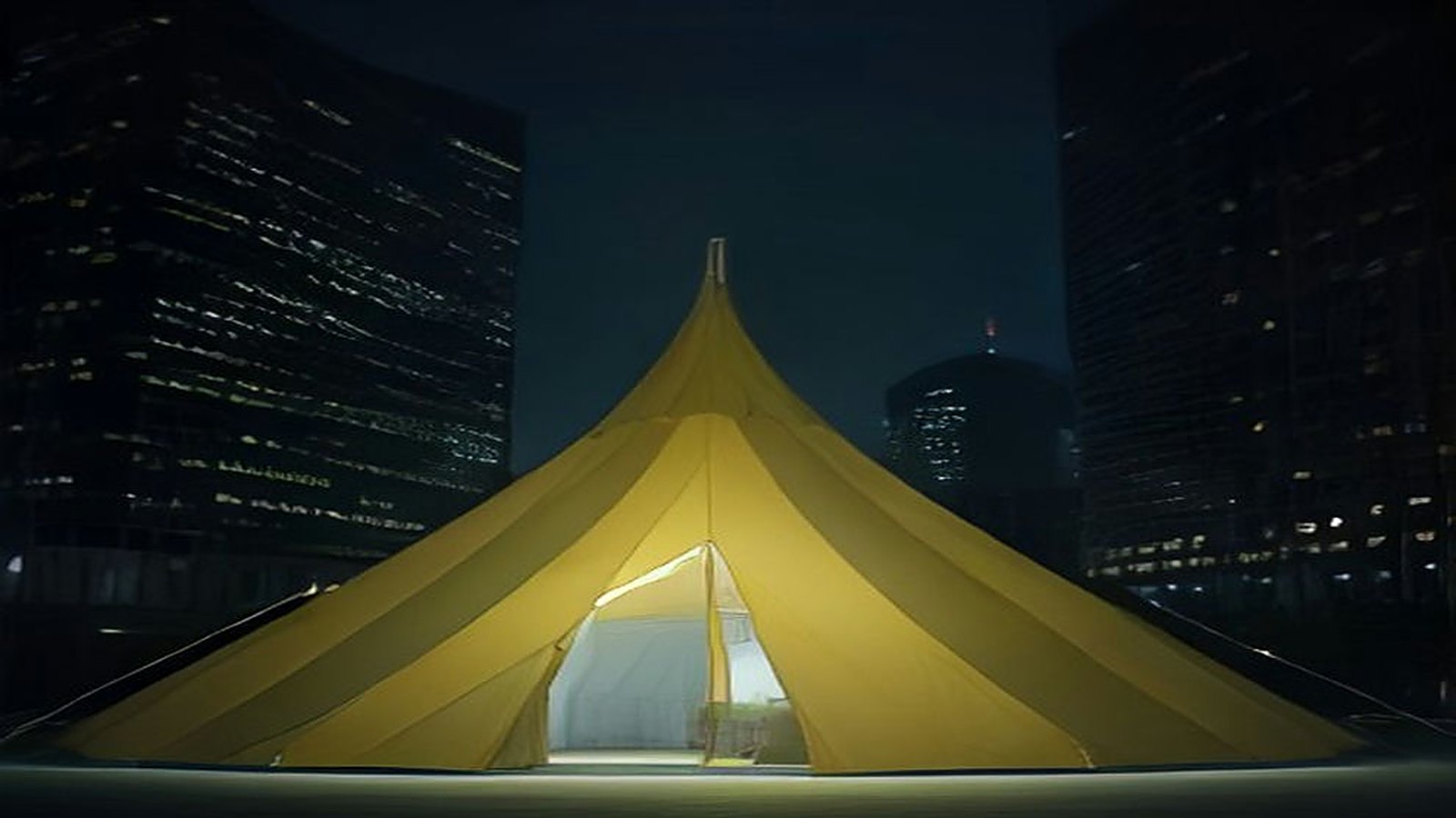 Gran carpa de circo amarilla iluminada de noche en una explanada, frente a rascacielos de vidrio con ventanas encendidas