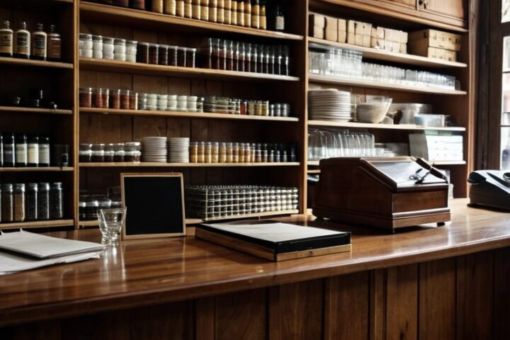 Mostrador de madera de una tienda de abarrotes con frascos sin etiqueta, una báscula antigua, documentos y un teléfono celular con la pantalla apagada