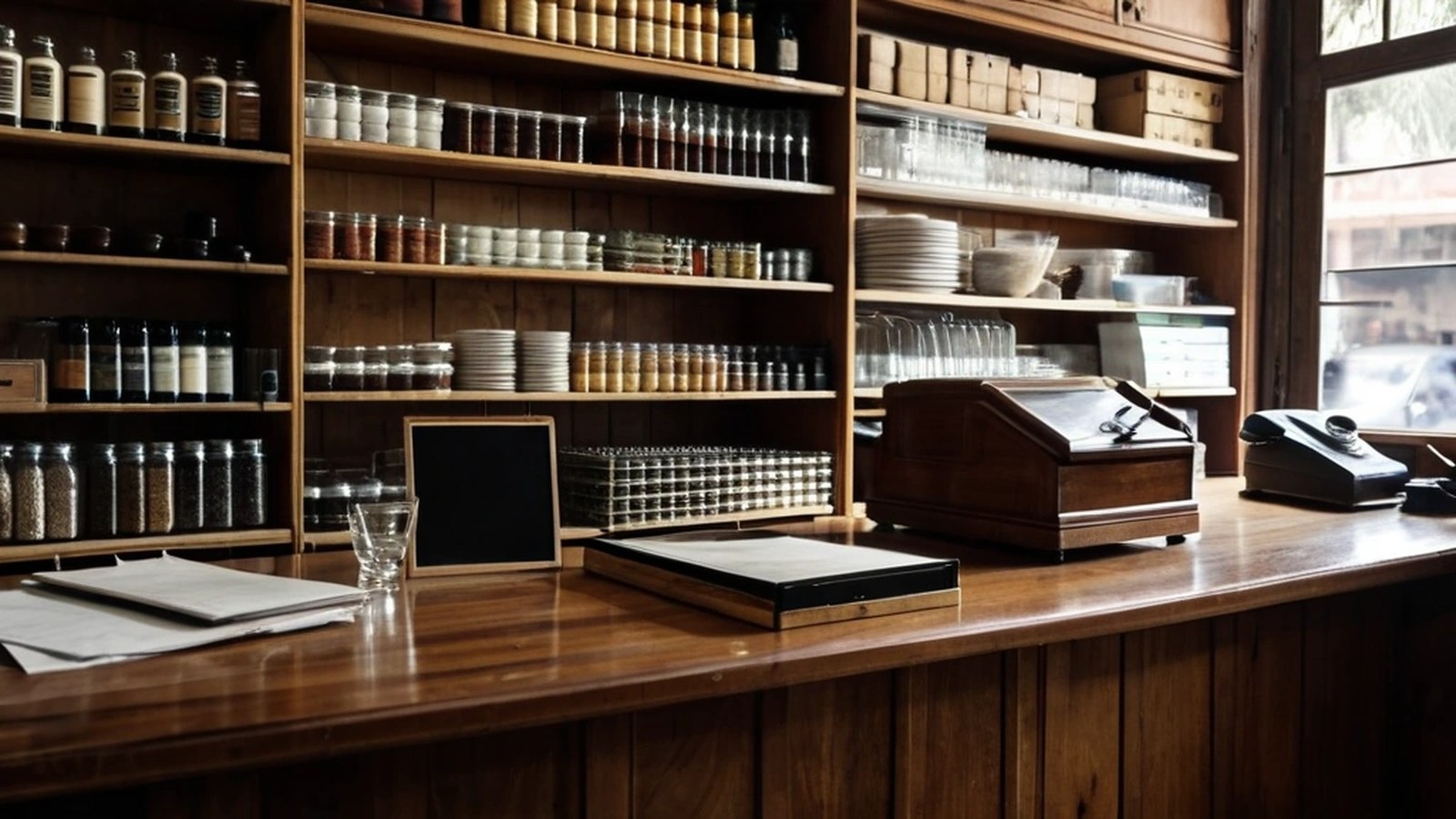 Mostrador de madera de una tienda de abarrotes con frascos sin etiqueta, una báscula antigua, documentos y un teléfono celular con la pantalla apagada
