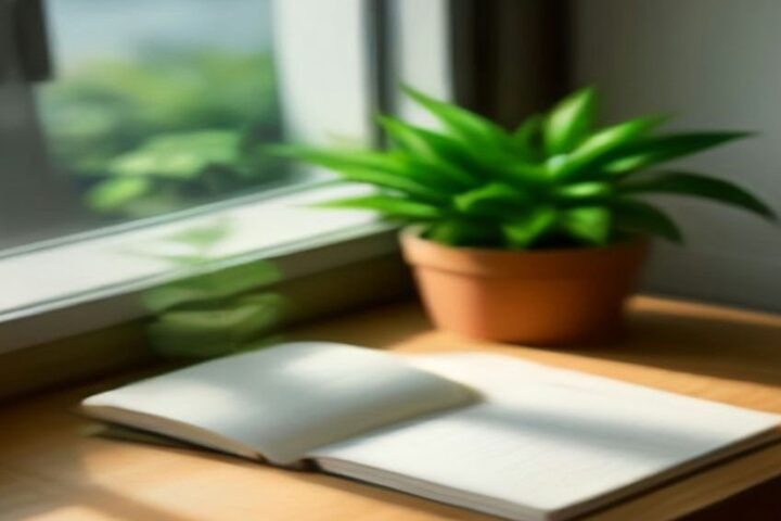 Cuaderno abierto con hojas en blanco sobre un escritorio de madera junto a una ventana y una planta en maceta de barro