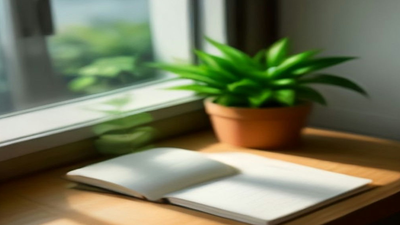 Cuaderno abierto con hojas en blanco sobre un escritorio de madera junto a una ventana y una planta en maceta de barro