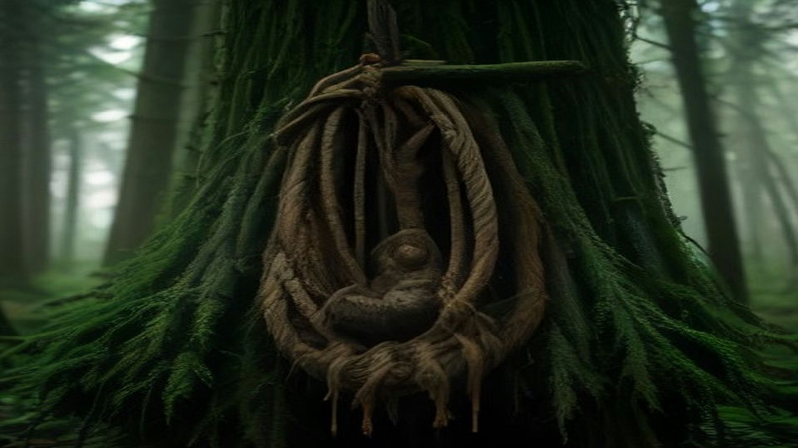 Cuerda gruesa enrollada en el tronco de un pino dentro de un bosque con niebla