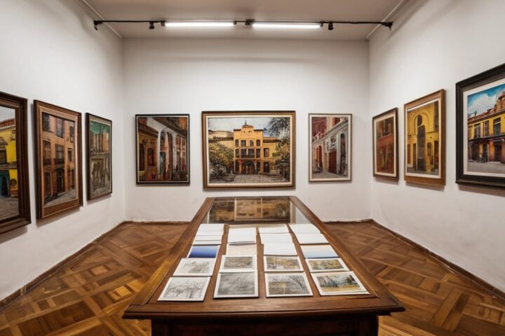 Sala de galería con grandes murales coloridos de escenas de barrio y una vitrina con bocetos dibujados sobre servilletas de papel