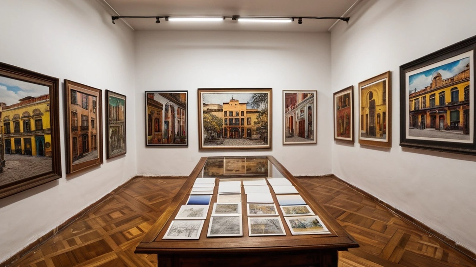 Sala de galería con grandes murales coloridos de escenas de barrio y una vitrina con bocetos dibujados sobre servilletas de papel