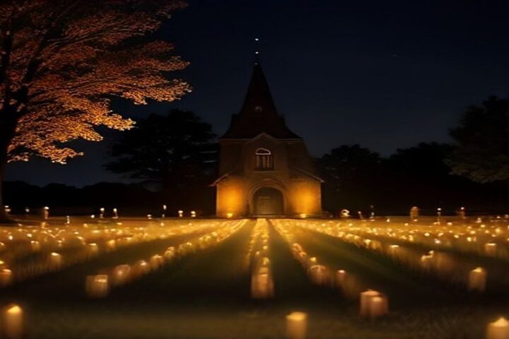 Panteón de noche iluminado por cientos de velas encendidas en hileras, con un árbol de follaje otoñal y la silueta de una iglesia al fondo