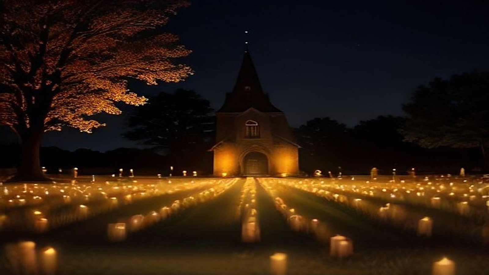 Panteón de noche iluminado por cientos de velas encendidas en hileras, con un árbol de follaje otoñal y la silueta de una iglesia al fondo