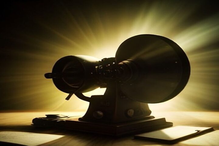 Proyector de cine antiguo de 16 milímetros sobre una mesa en un cuarto oscuro, con un haz de luz dorada que atraviesa el polvo