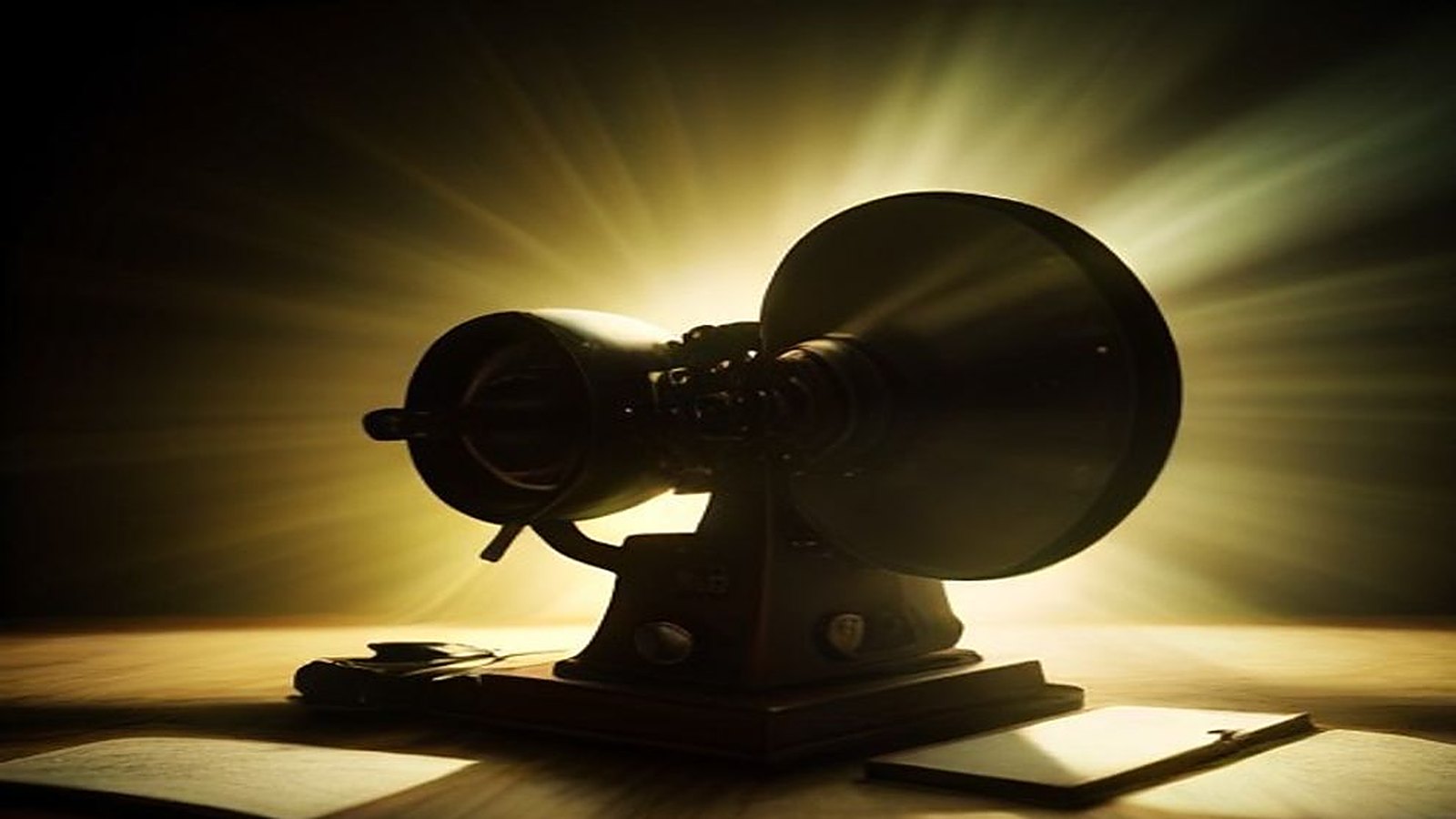Proyector de cine antiguo de 16 milímetros sobre una mesa en un cuarto oscuro, con un haz de luz dorada que atraviesa el polvo