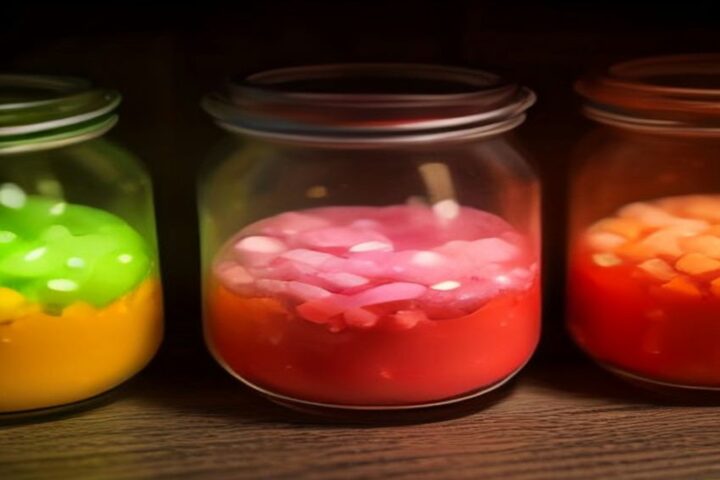 Tres frascos de vidrio con dulces de colores verde, rosa y naranja sobre una repisa de madera con luz cálida