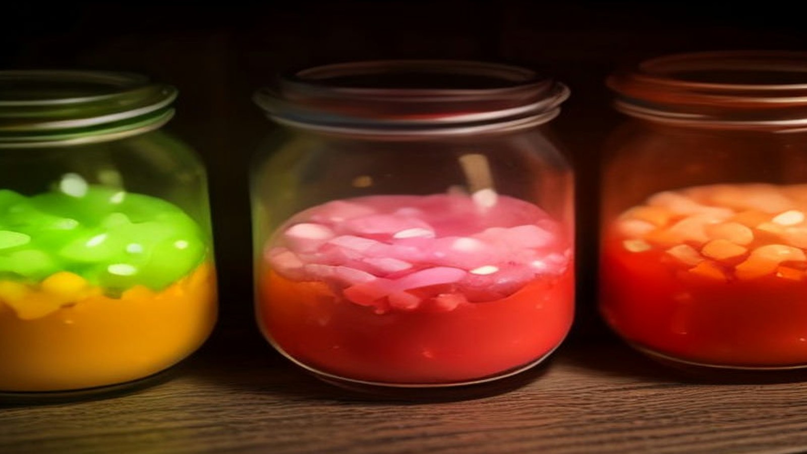 Tres frascos de vidrio con dulces de colores verde, rosa y naranja sobre una repisa de madera con luz cálida
