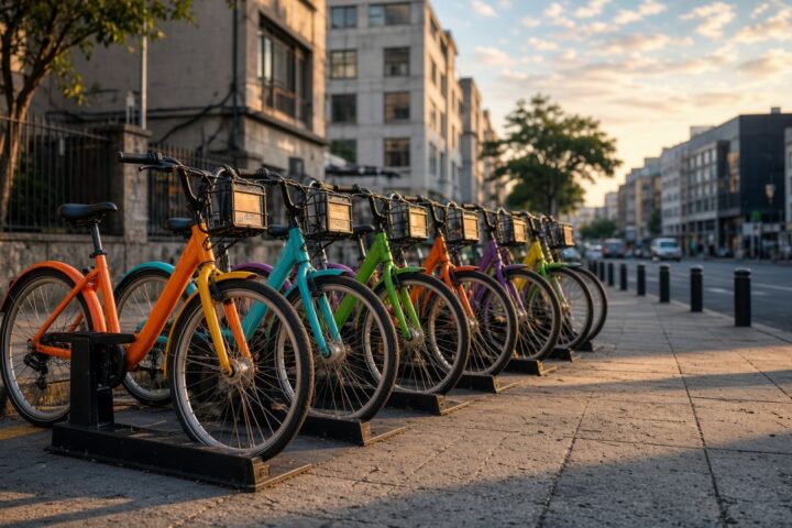 Estación de Ecobici con bicicletas compartidas en una avenida de la Ciudad de México