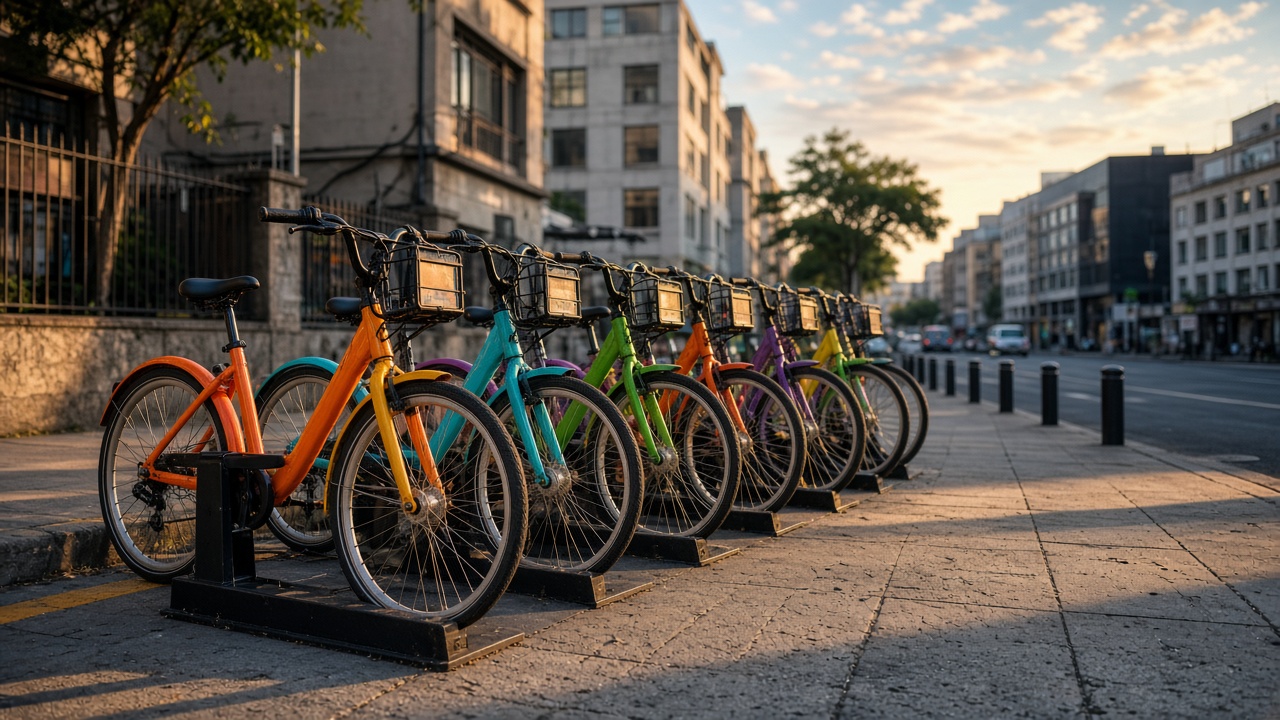Estación de Ecobici con bicicletas compartidas en una avenida de la Ciudad de México