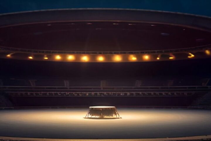 Ruedo vacío de una plaza de toros convertida en sala de conciertos, con un escenario circular al centro iluminado por luces cálidas al anochecer