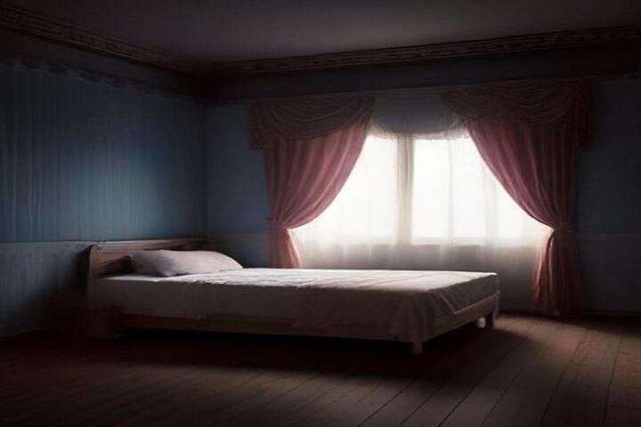 Recámara antigua en penumbra con una cama de madera tendida, piso de duela y una ventana con cortinas rosadas que deja entrar luz blanca
