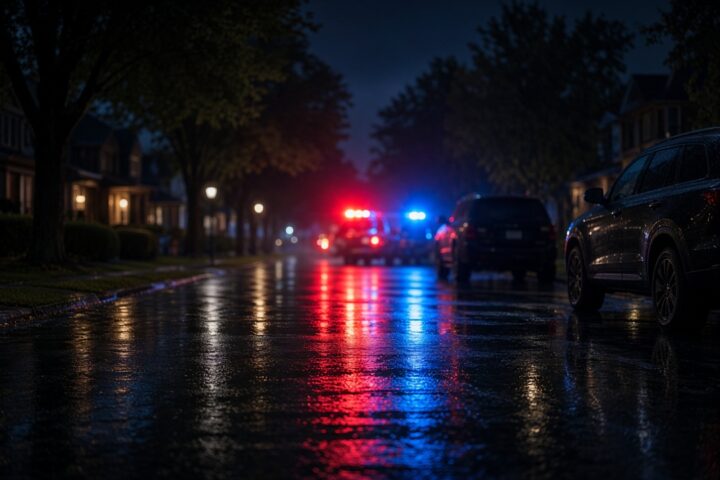 Calle residencial de noche con luces rojas y azules de emergencia reflejadas en el asfalto mojado y camionetas oscuras estacionadas, sin personas