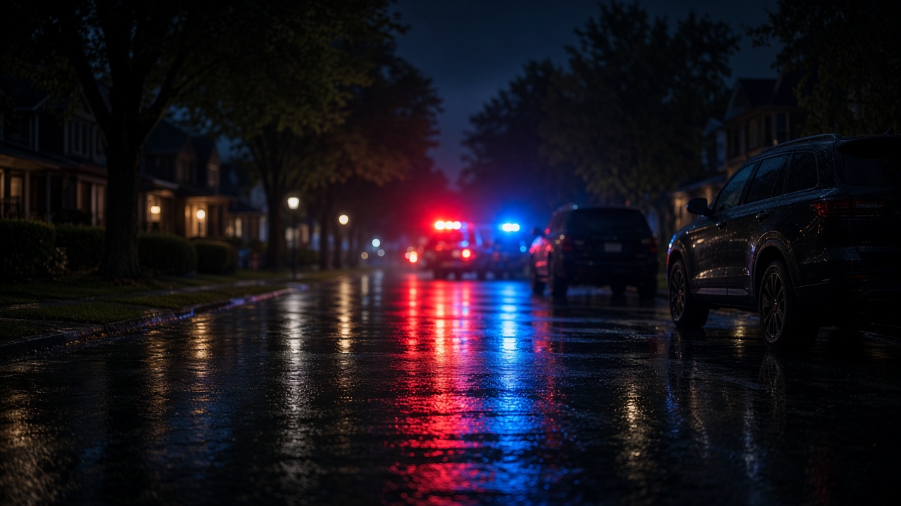 Calle residencial de noche con luces rojas y azules de emergencia reflejadas en el asfalto mojado y camionetas oscuras estacionadas, sin personas