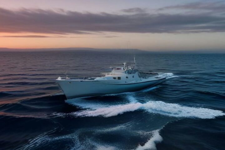 Embarcación blanca navegando en mar abierto y dejando una estela de espuma al atardecer