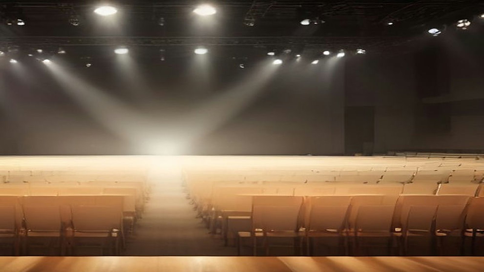 Escenario de concierto vacío con haces de luz blanca y cálida que atraviesan la bruma y largas filas de butacas sin público