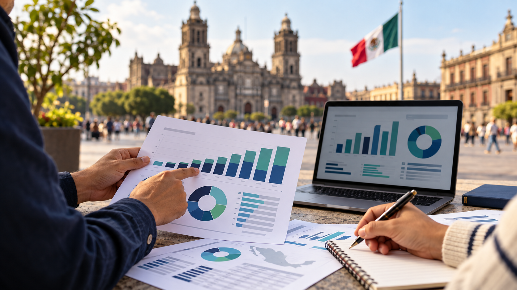 Ilustración editorial de una persona revisando gráficas presupuestarias; no representa datos oficiales.