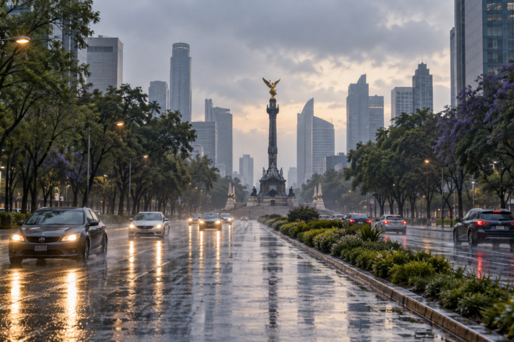 Ilustración editorial de autos en Paseo de la Reforma, Ciudad de México, bajo lluvia ligera al amanecer.